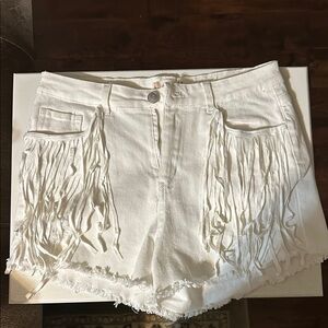 White Fringe Denim Shorts